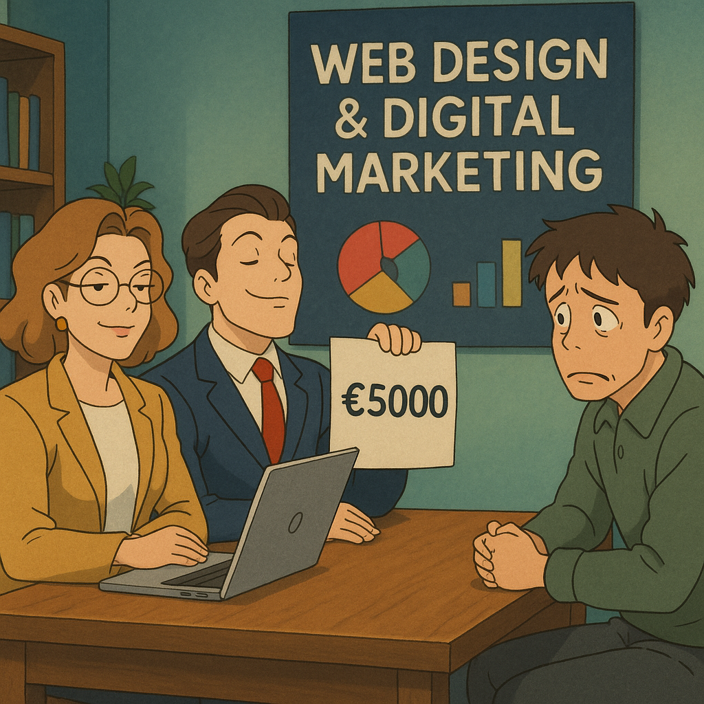 Agencia marketing digital y desarrollo web na imagen de una agencia de desarrollo web y marketing digital clásica, haciendo un presupuesto de 5000€ para un cliente. Los que están haciendo el presupuesto tienen aires de grandeza, mientras que el cliente tiene un semblante apesadumbrado y temeroso por lo caro que puede ser para él